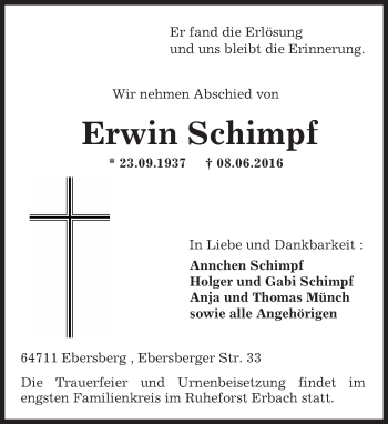 Traueranzeige von Erwin Schimpf von Trauerportal Echo Online