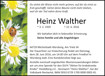 Traueranzeige von Heinz Walther von Trauerportal Echo Online