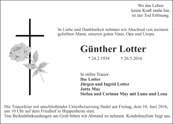 Traueranzeige von Günther Lotter von Trauerportal Echo Online