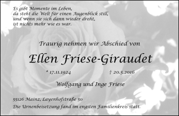 Traueranzeige von Ellen Friese-Giraudet von  Allgemeine Zeitung Mainz Traueranzeige von Ellen Friese-Giraudet von  Allgemeine Zeitung Mainz