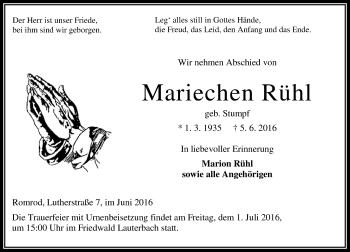Traueranzeige von Mariechen Rühl von VRM Trauer