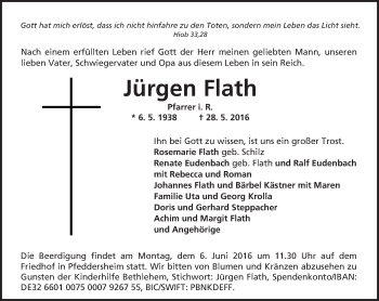 Traueranzeige von Jürgen Flath von  Wormser Zeitung