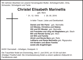 Traueranzeige von Christel Elisabeth Marinellis von Trauerportal Echo Online