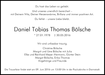 Traueranzeige von Daniel Tobias Thomas Bölsche von Trauerportal Echo Online