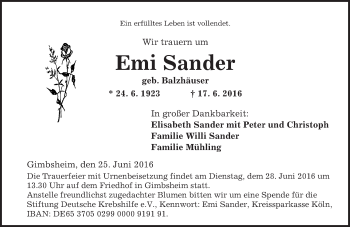 Traueranzeige von Emi Sander von Trauerportal Rhein Main Presse