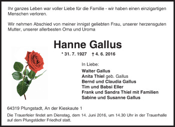 Traueranzeige von Hanne Gallus von Trauerportal Echo Online