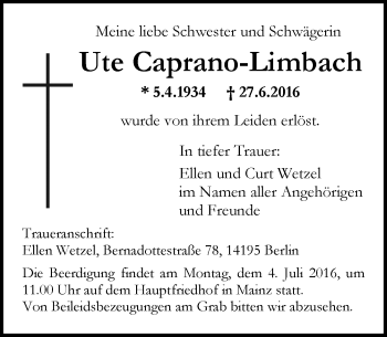 Traueranzeige von Ute Caprano-Limbach von Trauerportal Rhein Main Presse Traueranzeige von Ute Caprano-Limbach von Trauerportal Rhein Main Presse