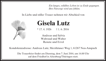 Traueranzeige von Gisela Lutz von  Usinger Anzeiger