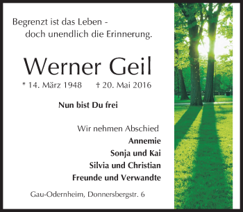 Traueranzeige von Werner Geil von  Allgemeine Zeitung Alzey
