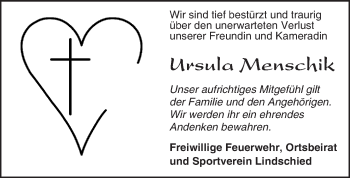 Traueranzeige von Ursula Menschik von Trauerportal Rhein Main Presse