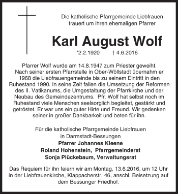Traueranzeige von Karl August Wolf von Trauerportal Echo Online