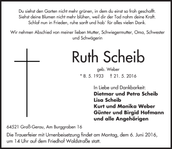 Traueranzeige von Ruth Scheib von Trauerportal Echo Online