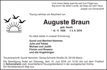 Traueranzeige von Auguste Braun von  Allgemeine Zeitung Alzey
