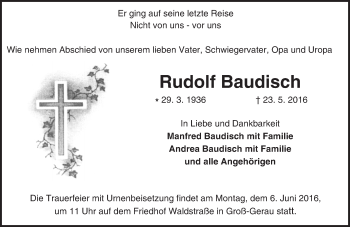 Traueranzeige von Rudolf Baudisch von Trauerportal Echo Online