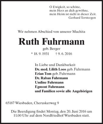Traueranzeige von Ruth Fuhrmann von Trauerportal Rhein Main Presse