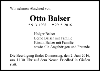 Traueranzeige von Otto Balser von  Gießener Anzeiger