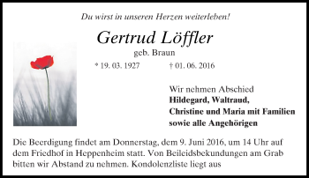 Traueranzeige von Gertrud Löffler von Trauerportal Echo Online