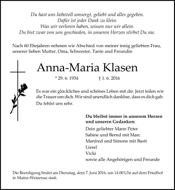 Traueranzeige von Anna-Maria Klasen von  Allgemeine Zeitung Mainz