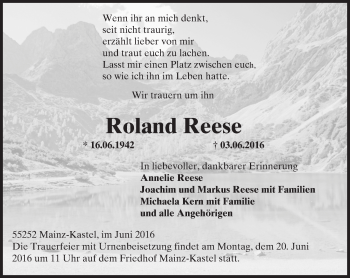 Traueranzeige von Roland Reese von  Allgemeine Zeitung Mainz