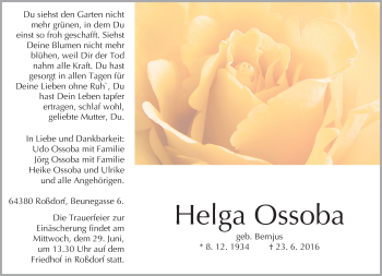 Traueranzeige von Helga Ossoba von Trauerportal Echo Online