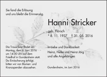 Traueranzeige von Hanni Stricker von  Wormser Zeitung