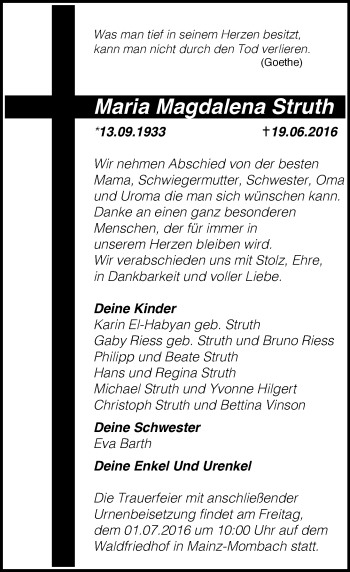 Traueranzeige von Maria Magdalena Struth von Trauerportal Rhein Main Presse Traueranzeige von Maria Magdalena Struth von Trauerportal Rhein Main Presse