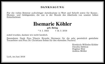 Traueranzeige von Ilsemarie Köhler von  Gießener Anzeiger