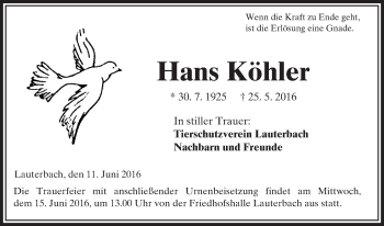 Traueranzeige von Hans Köhler von VRM Trauer