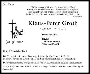 Traueranzeige von Klaus-Peter Groth von VRM Trauer
