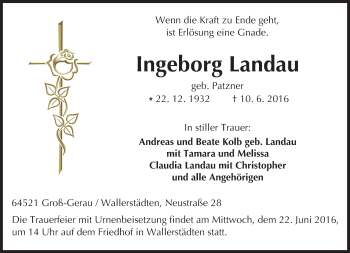 Traueranzeige von Ingeborg Landau von Trauerportal Echo Online