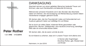 Traueranzeige von Peter Rother von Trauerportal Rhein Main Presse