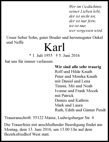 Traueranzeige von Karl  von  Allgemeine Zeitung Mainz