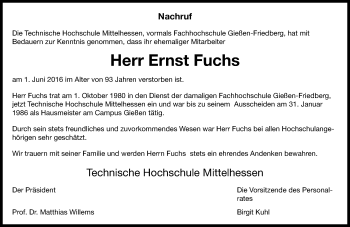 Traueranzeige von Ernst Fuchs von  Gießener Anzeiger