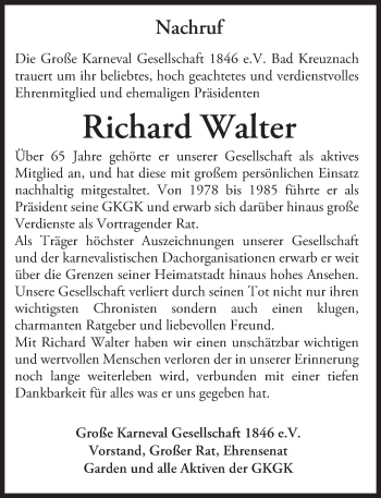 Traueranzeige von Richard Walter von  Allg. Zeitung Bad Kreuznach
