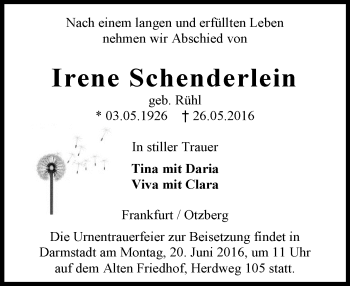 Traueranzeige von Irene Schenderlein von Trauerportal Echo Online