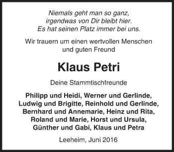 Traueranzeige von Klaus Petri von Trauerportal Echo Online