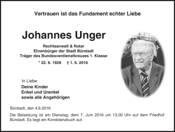 Traueranzeige von Johannes Unger von Trauerportal Echo Online