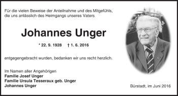 Traueranzeige von Johannes Unger von Trauerportal Echo Online