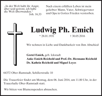 Traueranzeige von Ludwig  Emich von Trauerportal Echo Online