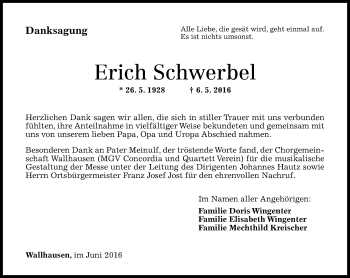 Traueranzeige von Erich Schwerbel von  Allg. Zeitung Bad Kreuznach