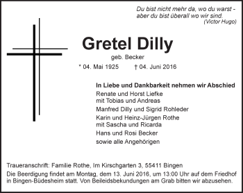 Traueranzeige von Gretel Dilly von  Allgemeine  Zeitung Ingelheim-Bingen
