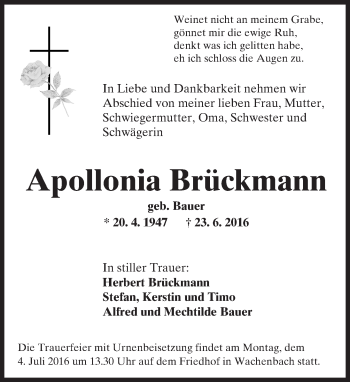 Traueranzeige von Apollonia Brückmann von Trauerportal Echo Online