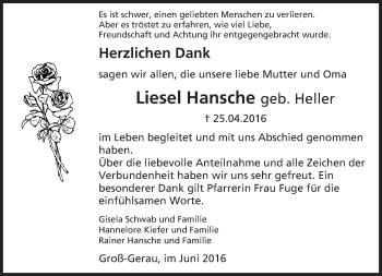 Traueranzeige von Liesel Hansche von Trauerportal Echo Online