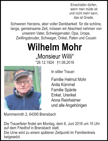 Traueranzeige von Wilhelm Mohr von Trauerportal Echo Online