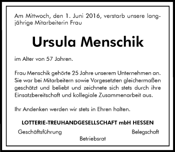 Traueranzeige von Ursula Menschik von Trauerportal Rhein Main Presse