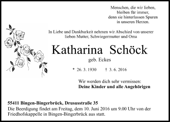 Traueranzeige von Katharina Schöck von  Allgemeine  Zeitung Ingelheim-Bingen