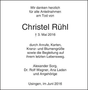 Traueranzeige von Christel Rühl von  Usinger Anzeiger