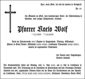 Traueranzeige von Karlo Wolf von Trauerportal Echo Online