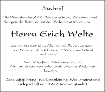 Traueranzeige von Erich Welte von Trauerportal Echo Online