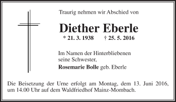 Traueranzeige von Diether Eberle von  Allgemeine Zeitung Mainz Traueranzeige von Diether Eberle von  Allgemeine Zeitung Mainz